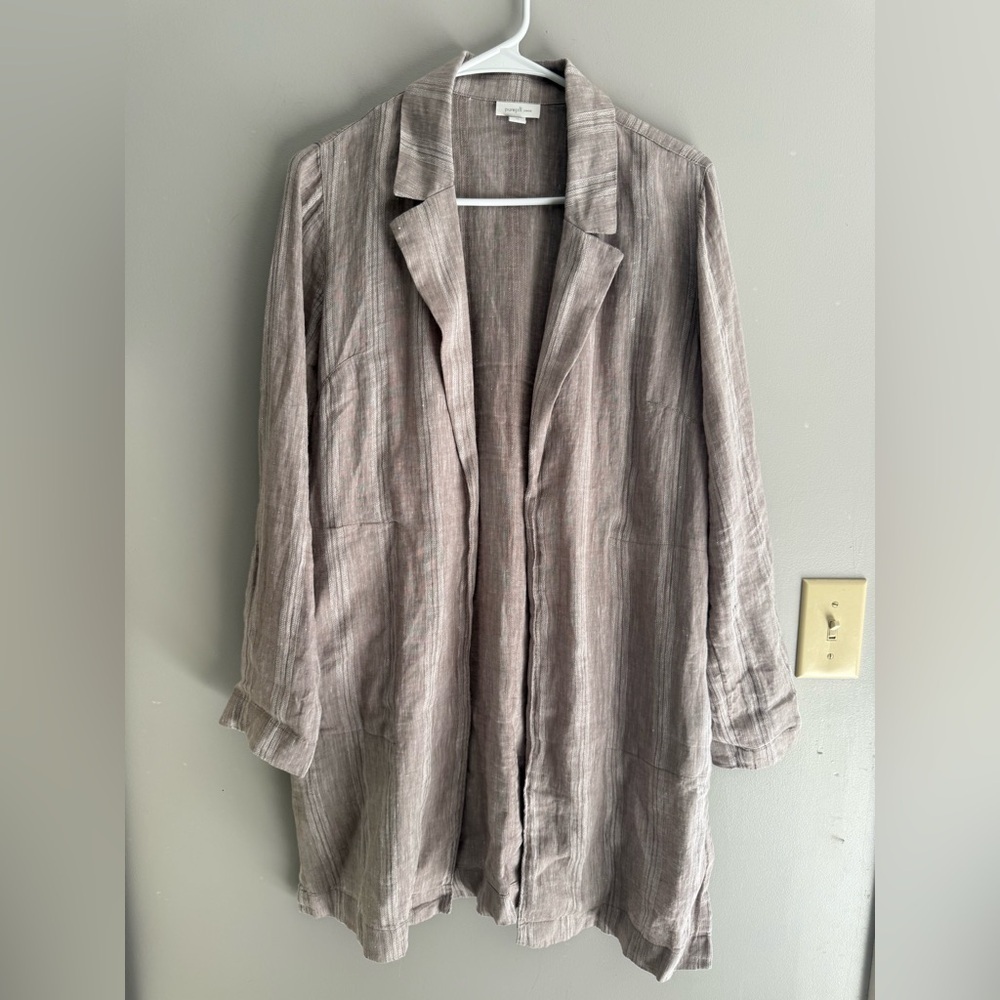 J Jill Pure Jill Womens Linen Striped Long Sleeve Duster Jacket Taupe XS Pockets